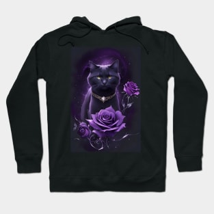 Mystical Purple Black Cat With Diamonds and Roses Hoodie
